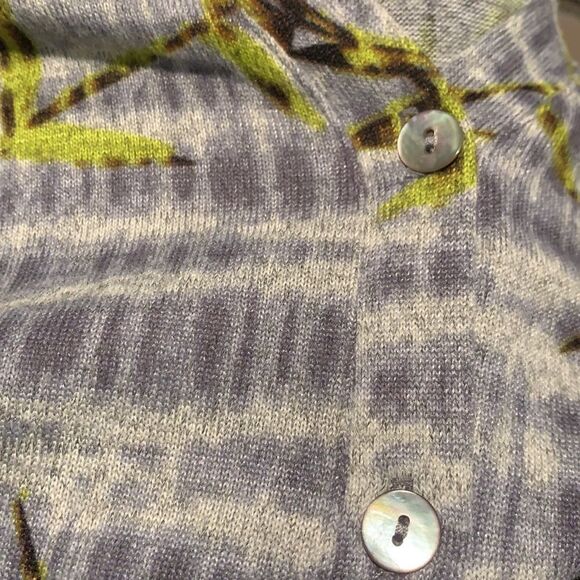 LOGO Lori Goldstein Gray/Chartreuse/Brown leaf print button front top. Large. - Picture 7 of 8